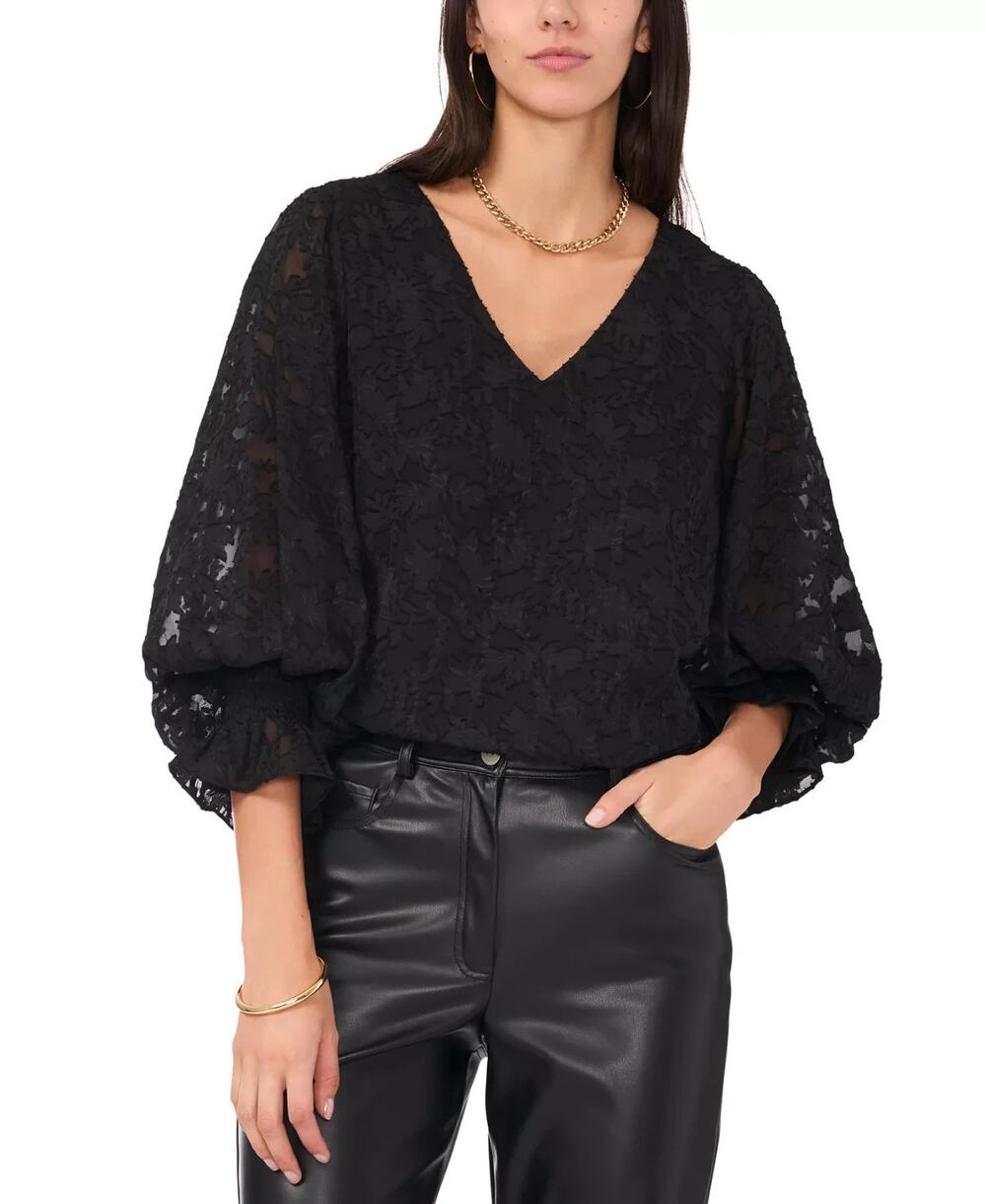 Vince Camuto Women's Jacquard V-Neck Blouson-Sleeve Top Black Size XL 4119